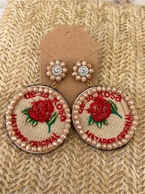Embroidered Rose Beaded Hoop Drop Earrings - Beige & Red made in Mexico